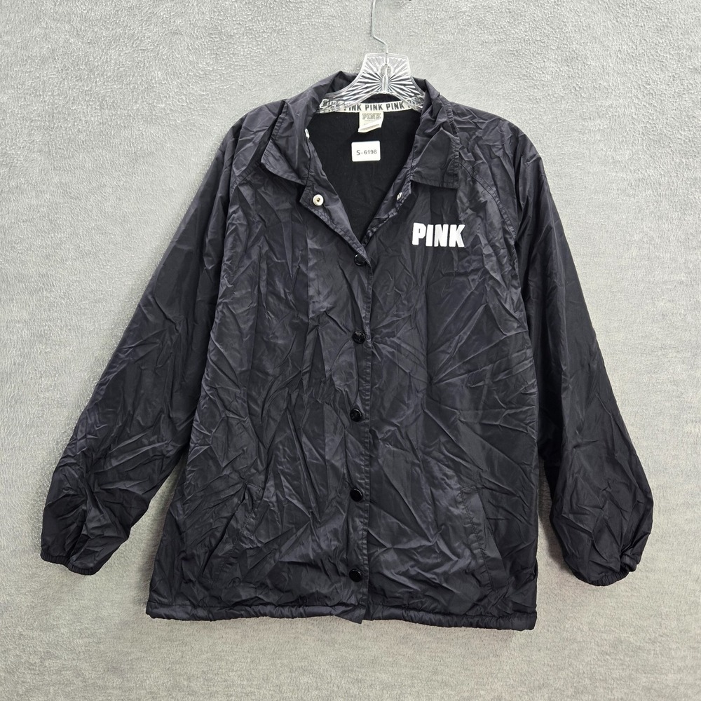 Pink Victorias Secret‎ Women Jacket S Black Coaches Windbreaker Logo Lined Snap